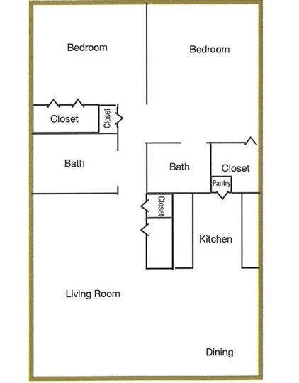 A diagram of a house layout with two bedrooms, a living room, a kitchen, a bath, and a pantry.